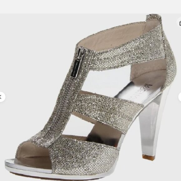 Michael Kors Berkley Silver T-Strap Glitter Zip Open Toe Heel Sandal Shoes Sz 9 - Picture 1 of 14